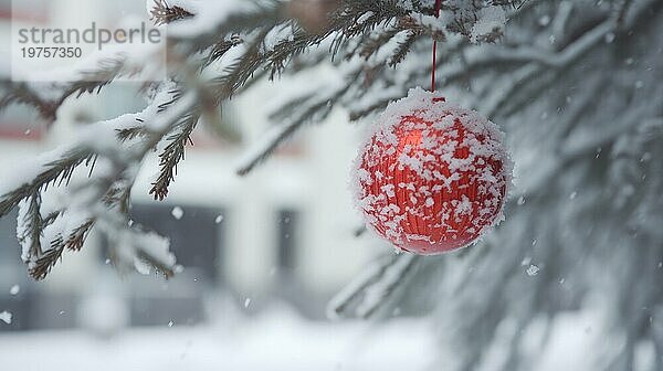 Weihnachtskugel auf einem Baum. rote Weihnachtskugel auf Fichtenzweig. Weihnachtskugel Nahaufnahme. selektiver Fokus AI generiert