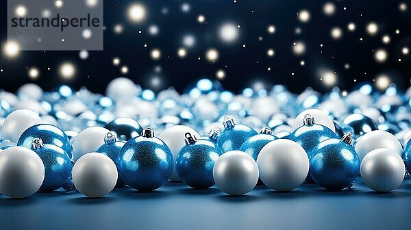 Weihnachten und Neujahr Hintergrund mit blauen und weißen Kugeln  Bokeh Lichter AI generiert