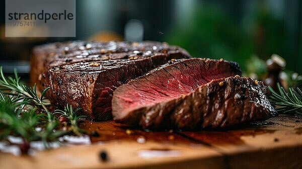 Gegrilltes Rindersteak mit Rosmarin und Gewürzen auf einem Holzbrett Ai erzeugt