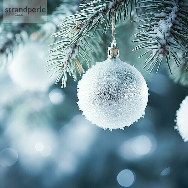 Weihnachtskugel auf einem Baum. weiße Weihnachtskugel auf Fichtenzweig. Weihnachtskugel Nahaufnahme. selektiver Fokus AI generiert