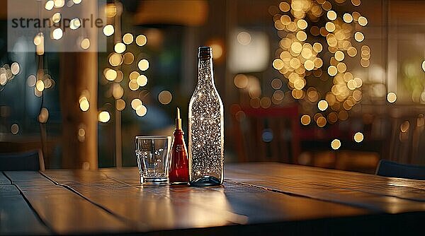 Flasche auf dem Tisch in einem mit Weihnachtsbeleuchtung dekorierten Raum. Weihnachtsbeleuchtung in Glasflasche AI generiert