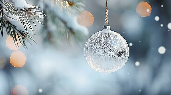 Weihnachtskugel auf einem Baum. weiße Weihnachtskugel auf Fichtenzweig. Weihnachtskugel Nahaufnahme. selektiver Fokus AI generiert