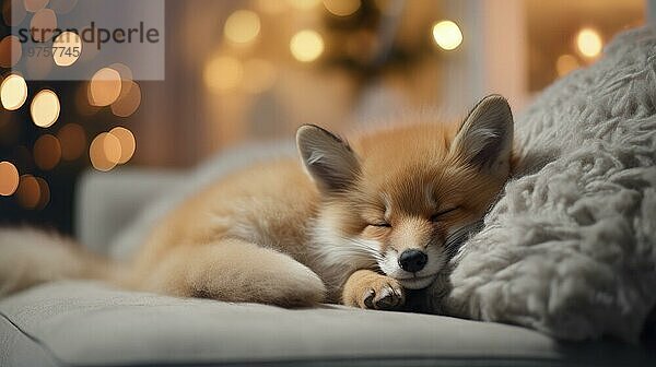 Niedliche kleine Fuchs schlafen auf dem Sofa im Zimmer mit Weihnachtsbaum und Lichter Ai erzeugt