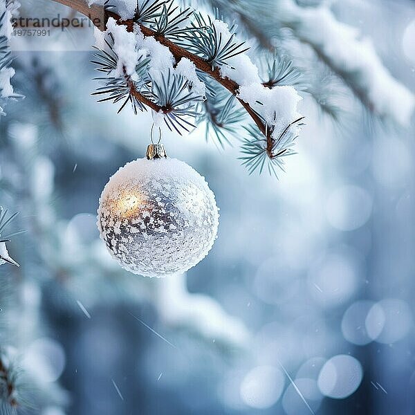 Weihnachtskugel auf einem Baum. weiße Weihnachtskugel auf Fichtenzweig. Weihnachtskugel Nahaufnahme. selektiver Fokus AI generiert