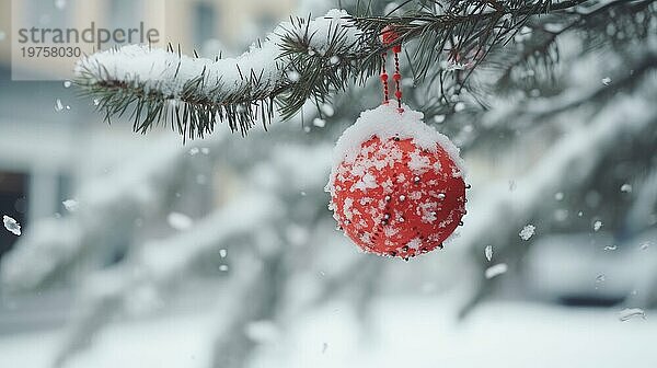 Weihnachtskugel auf einem Baum. rote Weihnachtskugel auf Fichtenzweig. Weihnachtskugel Nahaufnahme. selektiver Fokus AI generiert