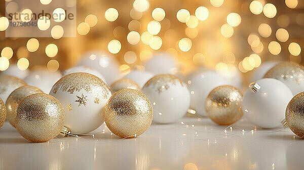 Weiße und goldene Weihnachtskugeln auf Bokeh Hintergrund. Weihnachten und Neujahr Konzept AI generiert