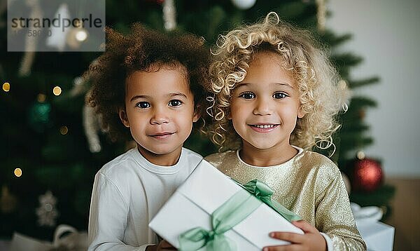 Zwei Kinder packen gemeinsam Weihnachtsgeschenke aus. Kinder in weißen Kranz in der Nähe von Weihnachtsbaum. Familie Konzept Ai erzeugt