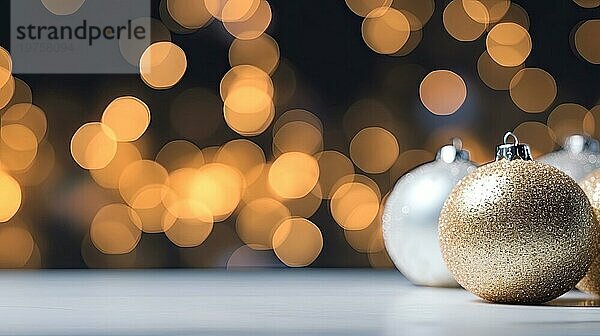 Weiß und Gold Weihnachtskugeln auf dunklem Hintergrund mit Bokeh Lichter AI generiert