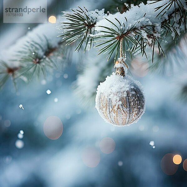 Weihnachtskugel auf einem Baum. weiße Weihnachtskugel auf Fichtenzweig. Weihnachtskugel Nahaufnahme. selektiver Fokus AI generiert