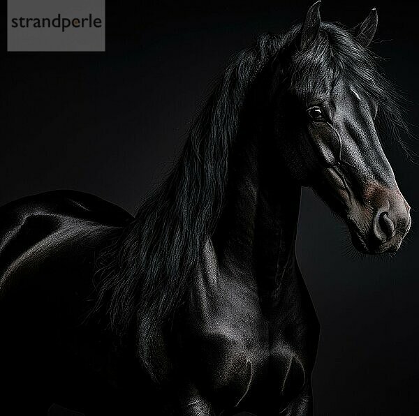 Schöne schwarze Pferd Porträt im Studio auf schwarzem Hintergrund. Studio Schuss Ai generiert