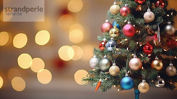 Weihnachtsbaum mit bunten Lichtern auf Bokeh Hintergrund. Weihnachtsbaum Nahaufnahme AI generiert