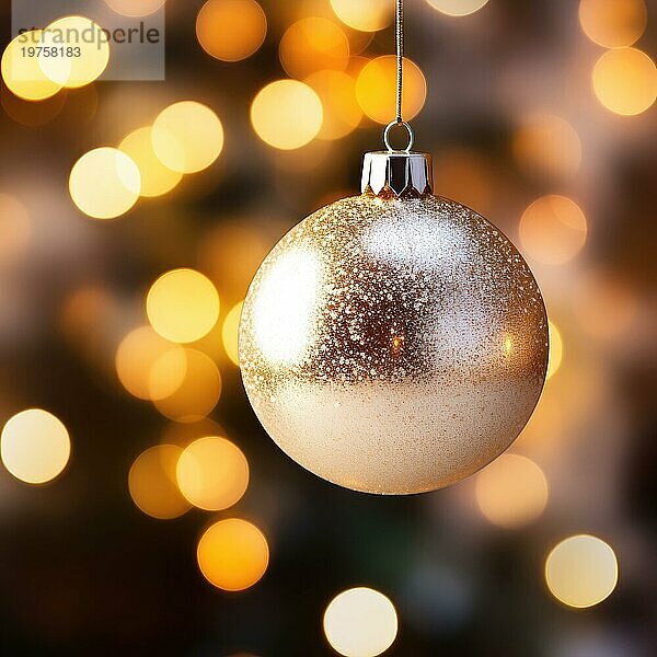 Goldene Weihnachtskugel auf einem Zweig  Nahaufnahme. Weihnachtslicht Bokeh. Weichzeichner AI generiert