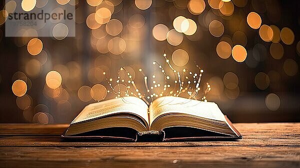 Offenes Buch mit leuchtenden Lichtern auf Bokeh Hintergrund. Weihnachten und Neujahr Konzept AI generiert