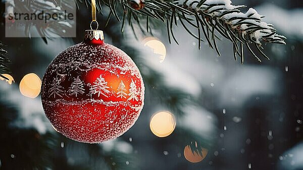 Weihnachtskugel auf einem Baum. rote Weihnachtskugel auf Fichtenzweig. Weihnachtskugel Nahaufnahme. selektiver Fokus AI generiert