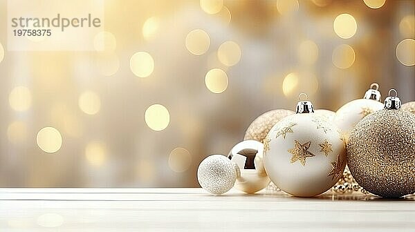 Weiße und goldene Weihnachtskugeln auf Bokeh Hintergrund. Weihnachten und Neujahr Konzept AI generiert