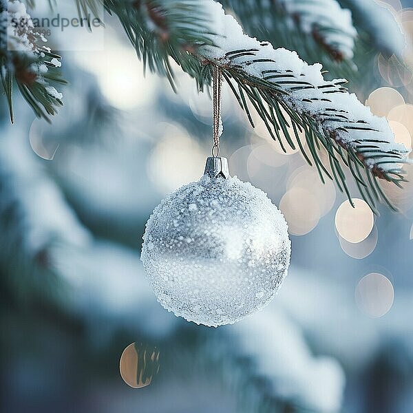 Weihnachtskugel auf einem Baum. weiße Weihnachtskugel auf Fichtenzweig. Weihnachtskugel Nahaufnahme. selektiver Fokus AI generiert