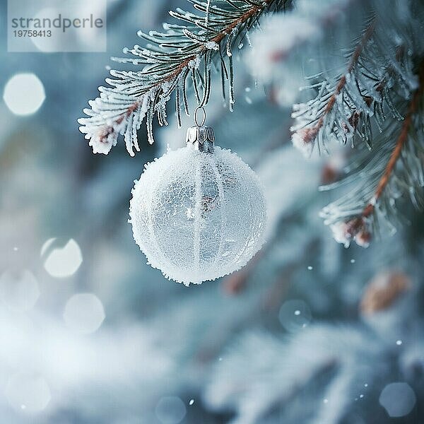 Weihnachtskugel auf einem Baum. weiße Weihnachtskugel auf Fichtenzweig. Weihnachtskugel Nahaufnahme. selektiver Fokus AI generiert