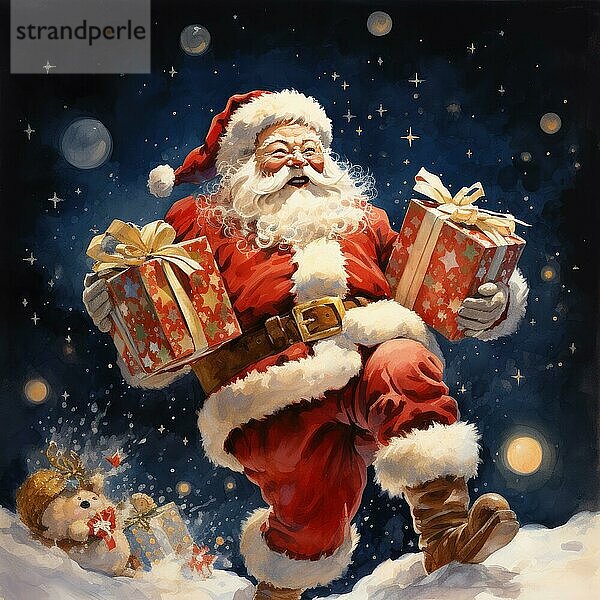 Weihnachtsmann mit Geschenken in seinen Händen auf einem Winter Nacht Hintergrund. Weihnachten Hintergrund AI generiert