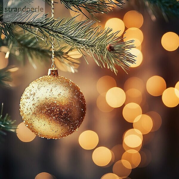 Goldene Weihnachtskugel auf einem Zweig  Nahaufnahme. Weihnachtslicht Bokeh. Weichzeichner AI generiert