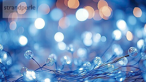 Weihnachtsbeleuchtung auf blauem Hintergrund mit Bokeh Effekt. Weihnachten Hintergrund. Closeup Ansicht mit Tiefe der eingereicht AI generiert