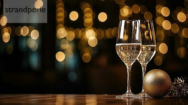 Zwei Gläser Champagner auf einem Tisch mit Bokeh Lichter auf Hintergrund AI generiert