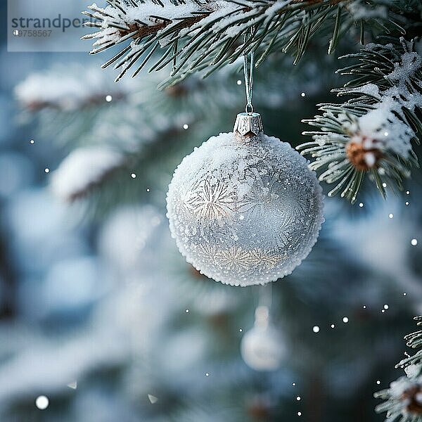 Weihnachtskugel auf einem Baum. weiße Weihnachtskugel auf Fichtenzweig. Weihnachtskugel Nahaufnahme. selektiver Fokus AI generiert