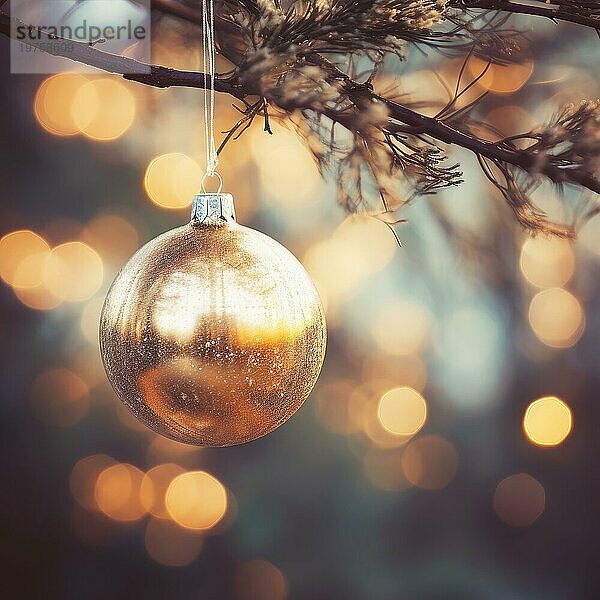 Goldene Weihnachtskugel auf einem Zweig  Nahaufnahme. Weihnachtslicht Bokeh. Weicher Fokus. AI generiert