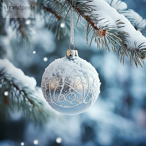 Weihnachtskugel auf einem Baum. weiße Weihnachtskugel auf Fichtenzweig. Weihnachtskugel Nahaufnahme. selektiver Fokus AI generiert