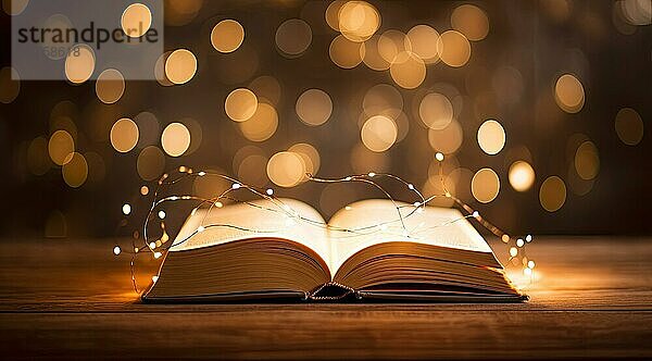 Offenes Buch mit leuchtenden Lichtern auf Bokeh Hintergrund. Weihnachten und Neujahr Konzept AI generiert