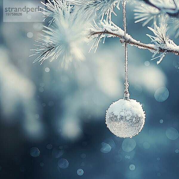 Weihnachtskugel auf einem Baum. weiße Weihnachtskugel auf Fichtenzweig. Weihnachtskugel Nahaufnahme. selektiver Fokus AI generiert