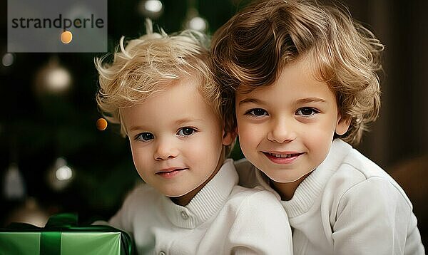 Zwei Kinder packen gemeinsam Weihnachtsgeschenke aus. Brüder im weißen Kranz am Weihnachtsbaum. Familie Konzept Ai erzeugt