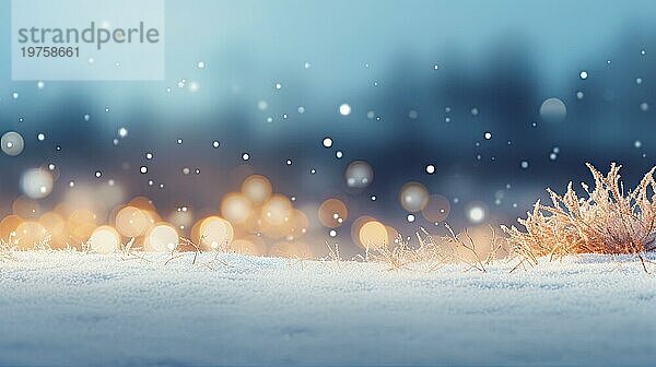 Winter Hintergrund mit Schneeflocken und Bokeh Lichter. Trockenes Gras im Schnee. Nahaufnahme AI generiert