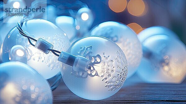 Weihnachtsbeleuchtung auf blauem Hintergrund mit Bokeh Effekt. Weihnachten Hintergrund. Closeup Ansicht mit Tiefe der eingereicht AI generiert