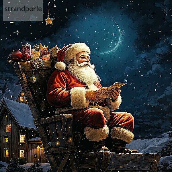 Der Weihnachtsmann sitzt in einem Sessel und liest nachts ein Buch AI erzeugt