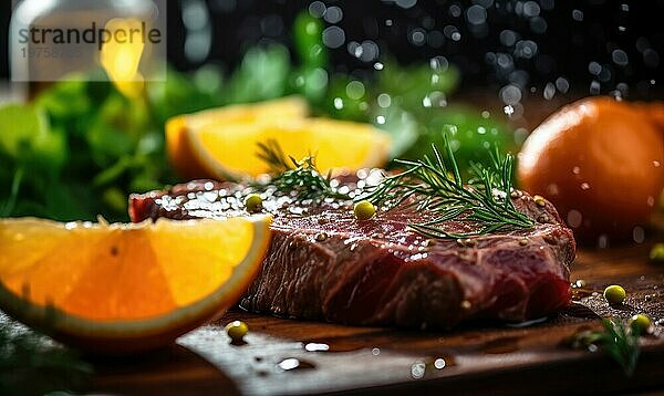 Rindersteak mit Gewürzen und Orangen auf einem Holztisch. Selektiver Fokus Ai erzeugt