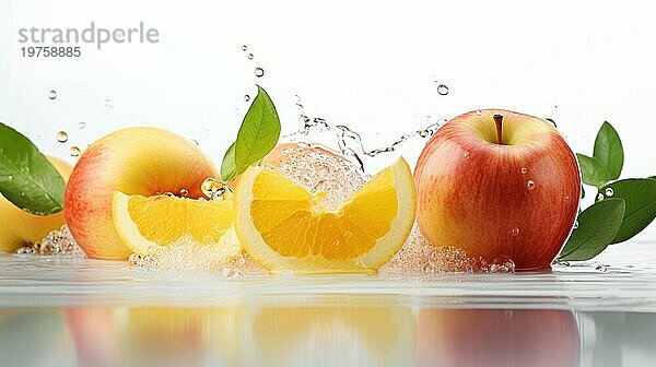 Glas frischer Saft mit Äpfeln und Orangen auf einem weißen Hintergrund Ai erzeugt
