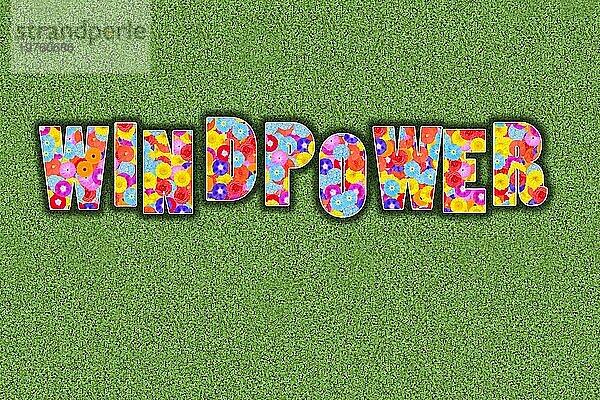 Windkraft auf englisch Wind Power als Symbol für saubere erneuerbare Energie  Windenergie