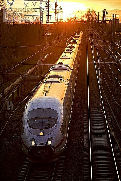 Erhöhte Ansicht auf einen ICE Zug bei Sonnenuntergang  Frankfurt am Main  Hessen  Deutschland  Europa