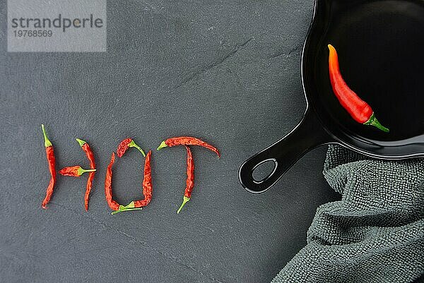 HOT würzigen Chilischote Stillleben mit Text aus getrockneten Schoten und eine frische Chilischote in einer Pfanne über grauem Hintergrund gebildet