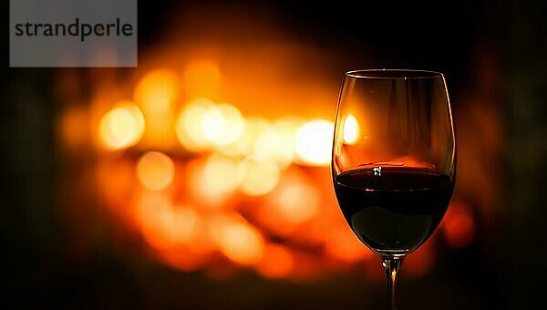 Ein Weinglas mit Rotwein auf dem Hintergrund der Kaminbeleuchtung. Weihnachten Urlaub Konzept