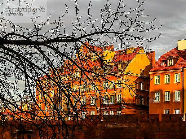 Historische Gebäude  die roten Backsteinmauern der Warschauer Barbakane  Polen  und die Silhouette eines Baumzweigs davor bei Sonnenuntergang im Frühling  Europa