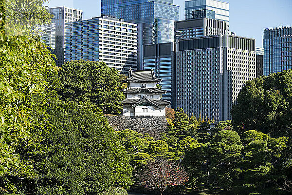 Fujimi-Yagura-Wachturm im Kaiserpalast von Tokio und moderne Wolkenkratzer im Hintergrund  Tokio  Honshu  Japan  Asien