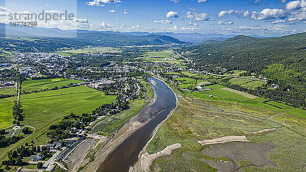 Aerial of the Gouffre River flowing in the St. Lawrence River  Quebec  Canada  North America