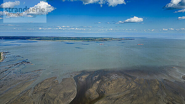 Aerial of the Gouffre River flowing in the St. Lawrence River  Quebec  Canada  North America