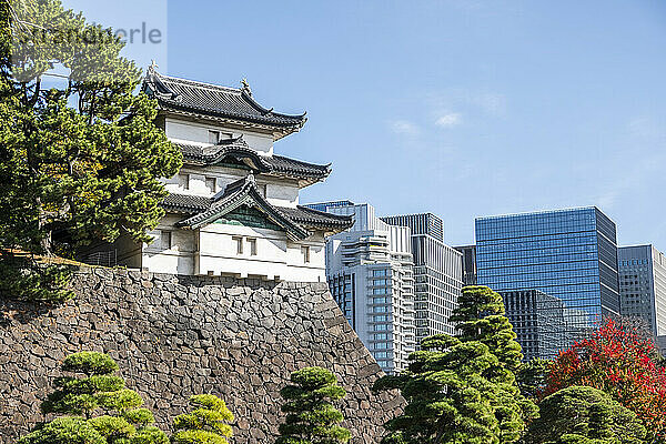 Fujimi-Yagura-Wachturm im Kaiserpalast von Tokio und moderne Wolkenkratzer im Hintergrund  Honshu  Japan  Asien