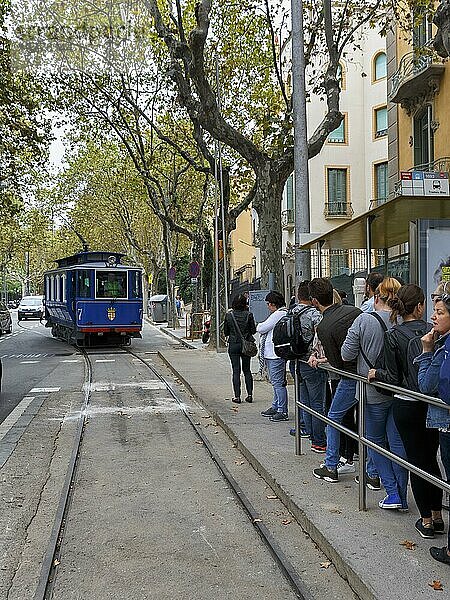 Nostalgische blaue Straßenbahn  Touristengruppe wartet an Haltestelle  Tramvia Blau  Jugendstil  Barcelona  Spanien  Europa