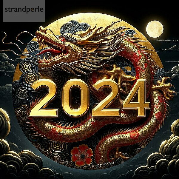 Frohes neues chinesisches Jahr 2024 Posterkarte die traditionelle positive Drachen Kreatur  der Vollmond  dunkle Malerei Stil illustratiom hohe res Kunst ai generiert