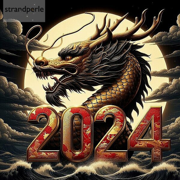 Frohes chinesisches neues Jahr 2024 Posterkarte die traditionelle positive Drachen Kreatur  der Vollmond litw  dunkle Malerei Stil illustratiom hohe res Kunst ai generiert