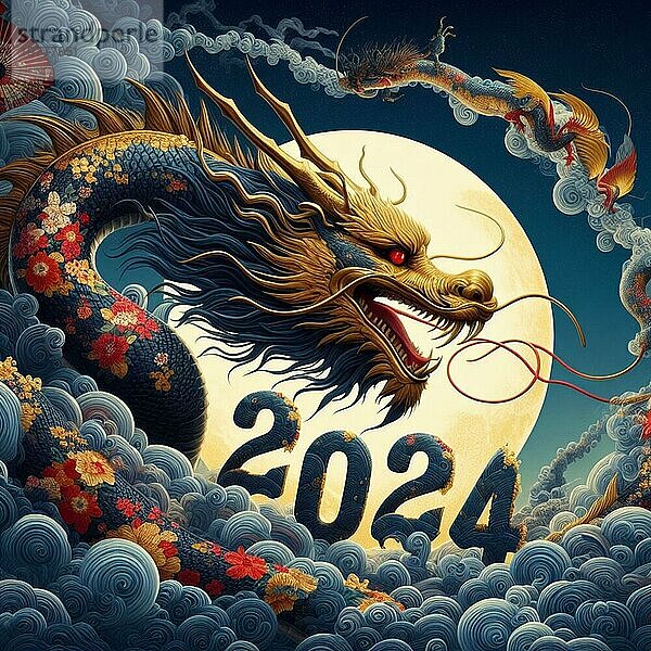 Frohes chinesisches neues Jahr 2024 Posterkarte die traditionelle positive Drachen Kreatur  der Vollmond litw  dunkle Malerei Stil illustratiom hohe res Kunst ai generiert