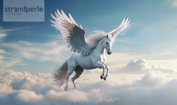 Ein fliegender weißer Pegasus schwebt durch einen wolkenverhangenen Himmel und verkörpert die Freiheit und Fantasie  die Ai erzeugt hat